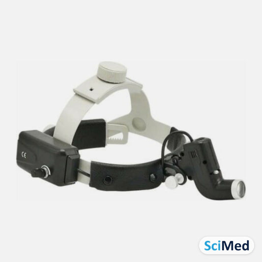 Black LED surgical headlight on a headband with rechargeable battery