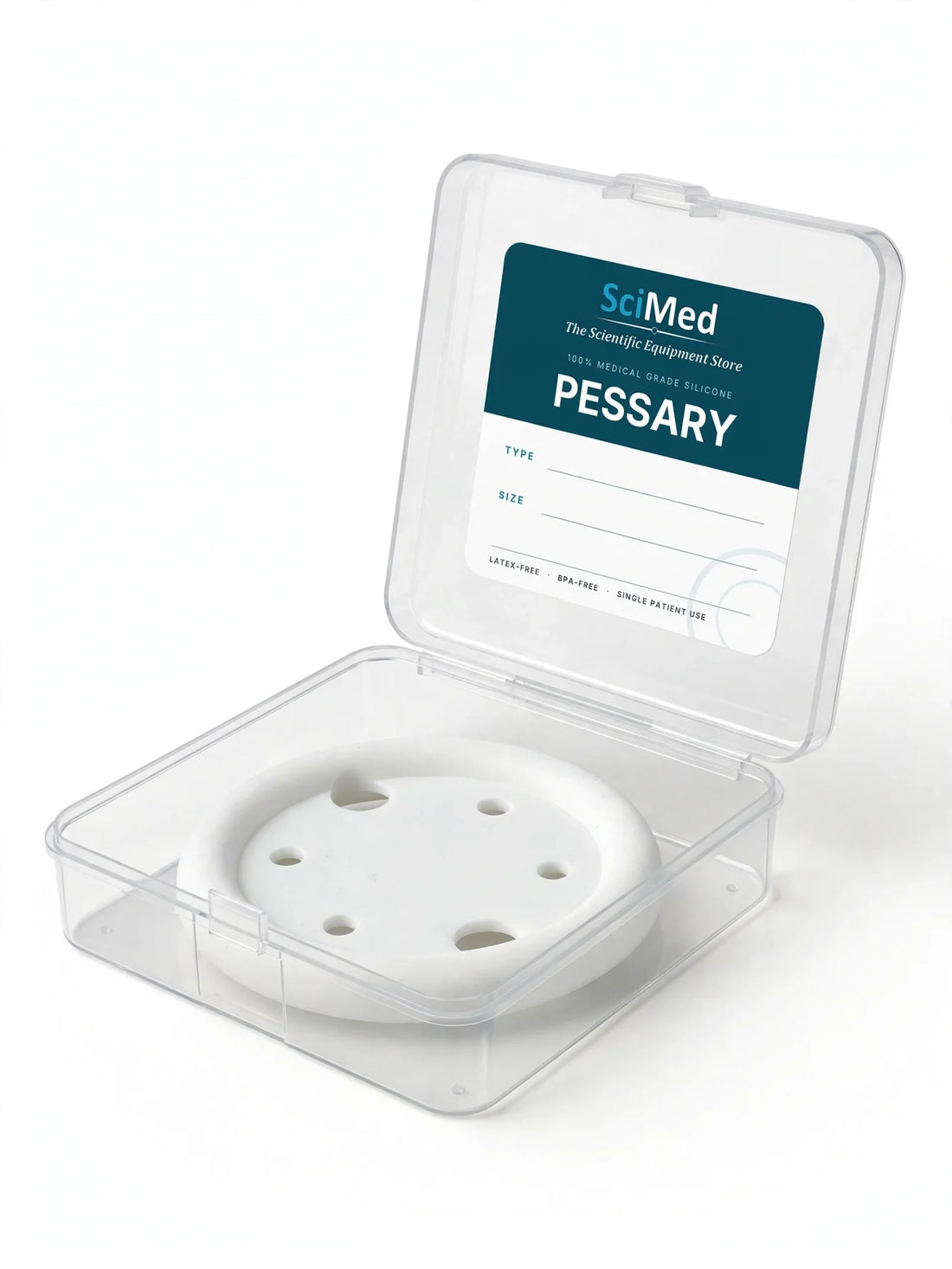 Open clear pessary storage case with a ring pessary inside